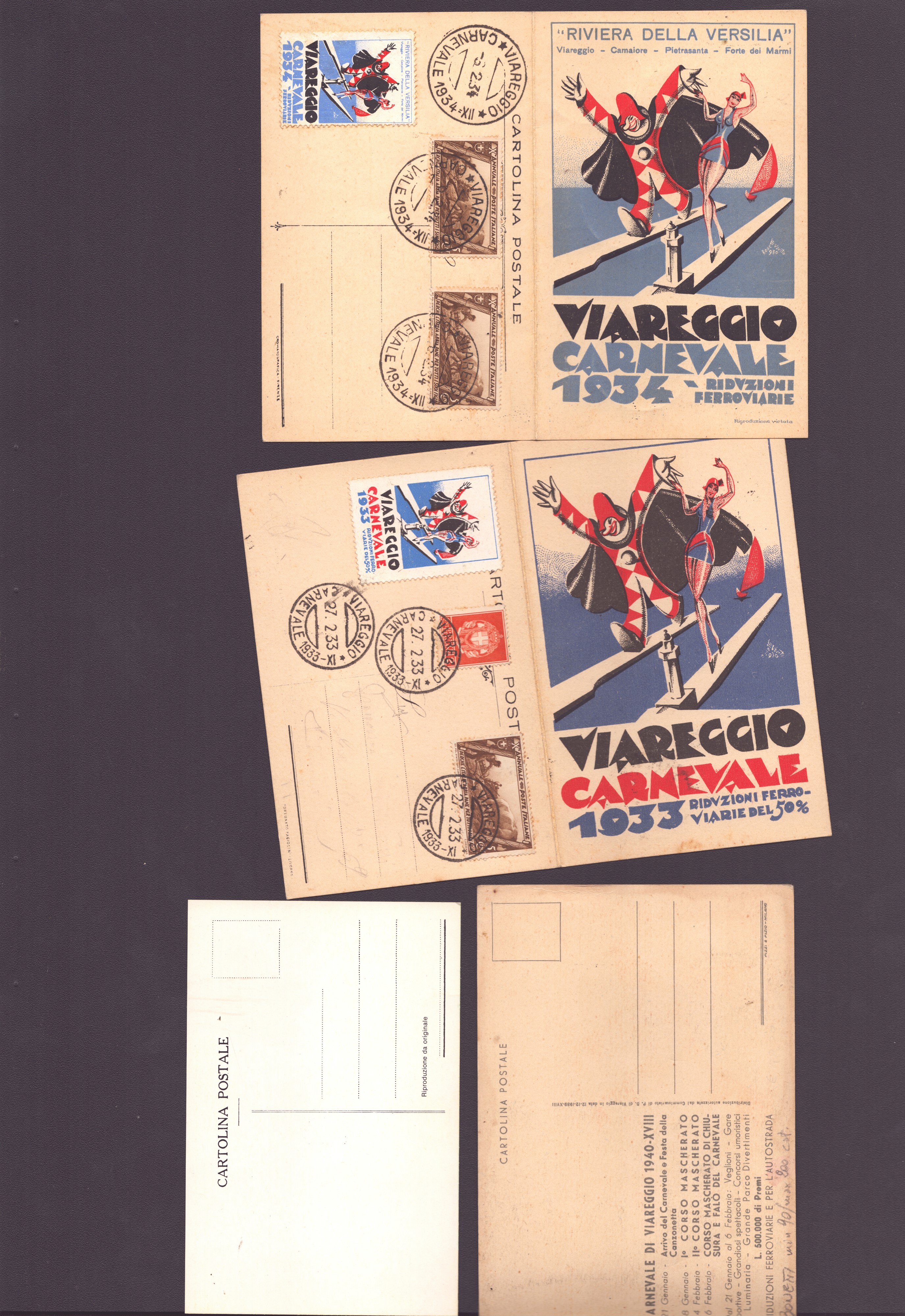Carnevale di Viareggio, Lotto di 10 cartoline postali e chiudilettera, Litografia e stampa offset