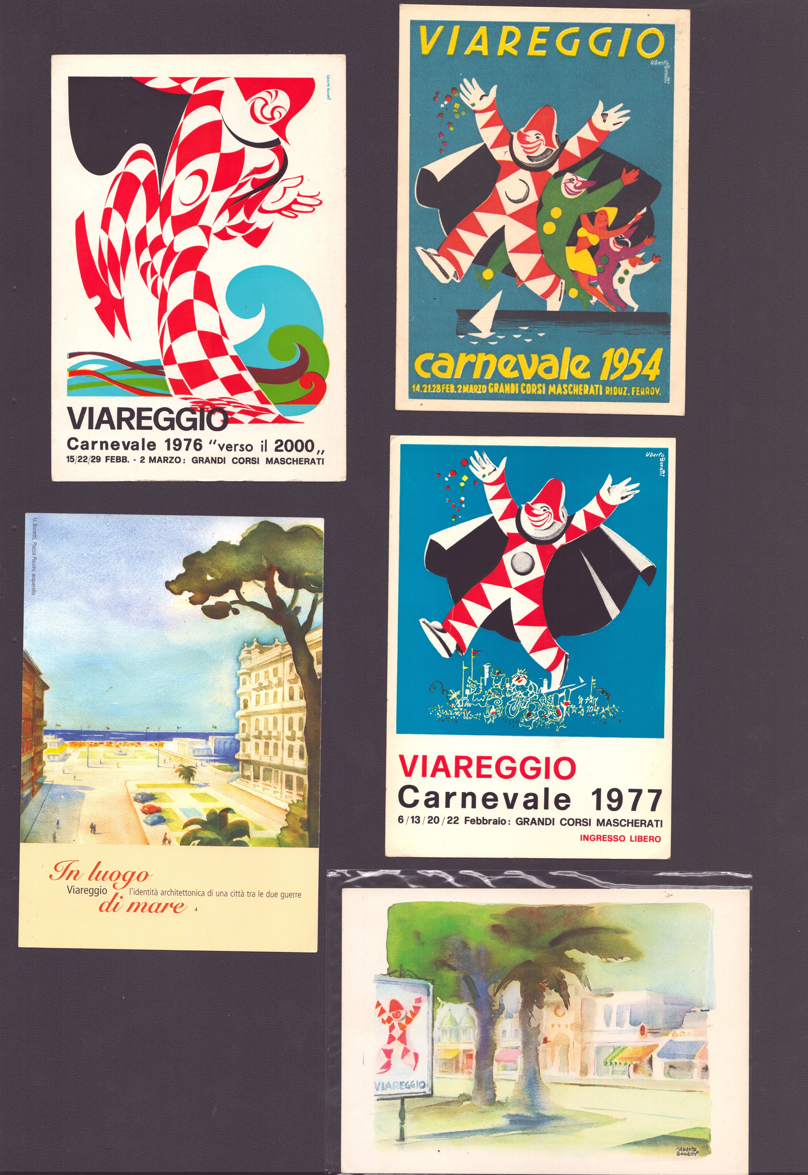 Carnevale di Viareggio, Lotto di 10 cartoline postali e chiudilettera, Litografia e stampa offset