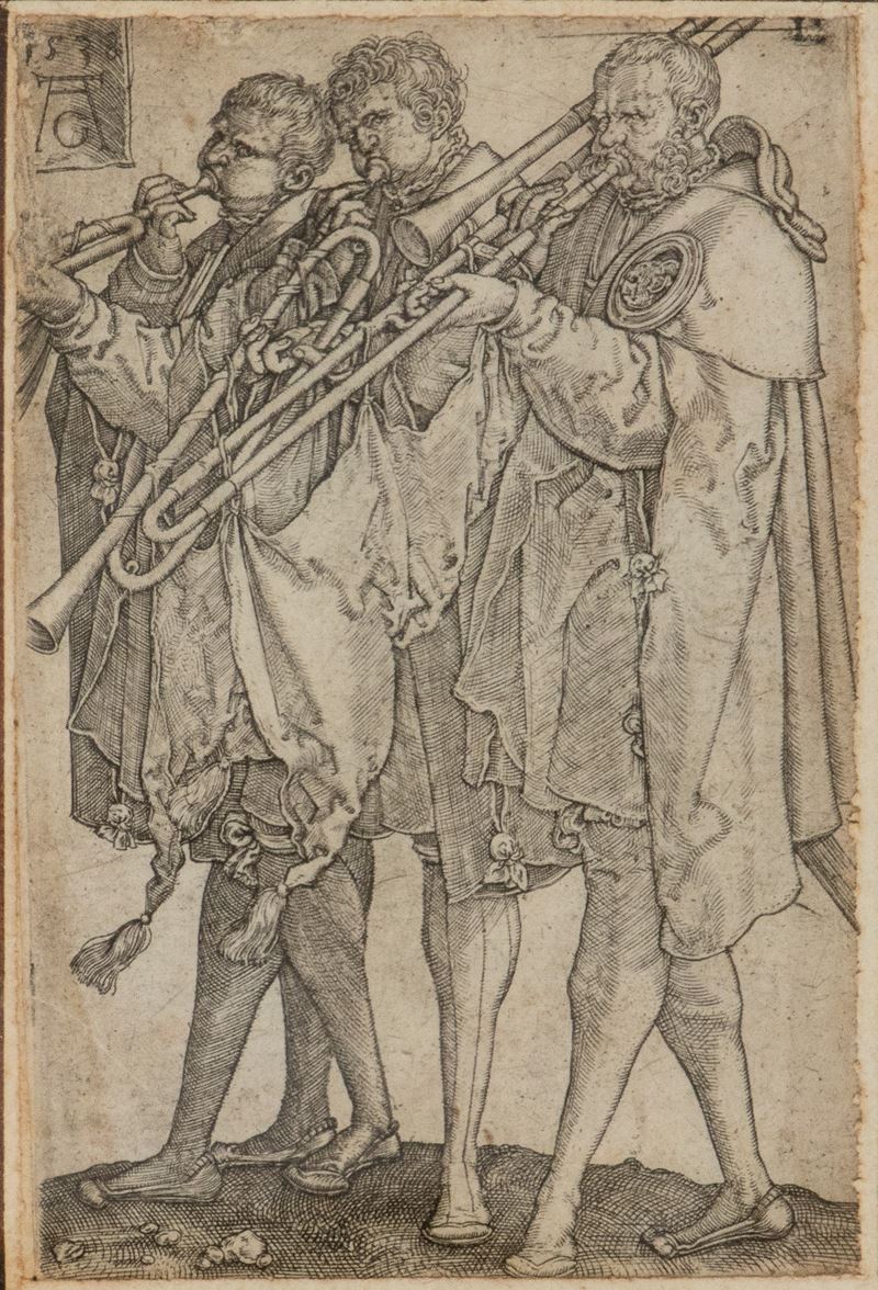 Heinrich Aldegrever - Tre musicisti che suonano il trombone, bulino