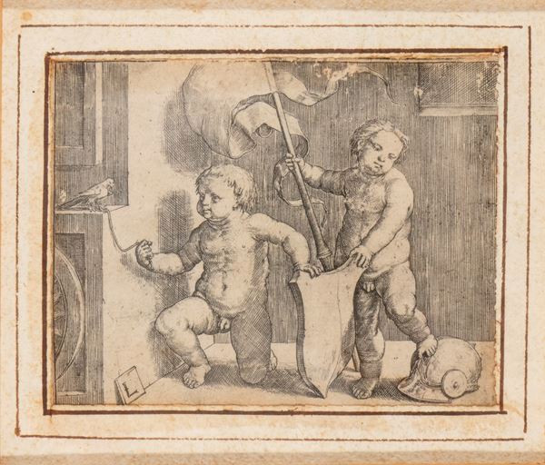 Lucas van Leyden - Two cherubs holding a shield