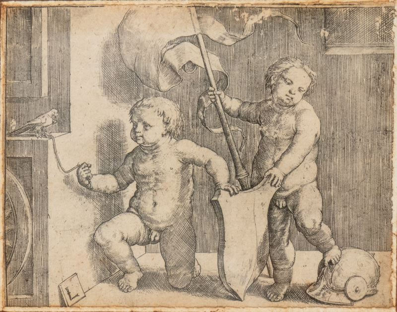 Lucas Van Leyden - Due putti che sorreggono uno scudo, bulino