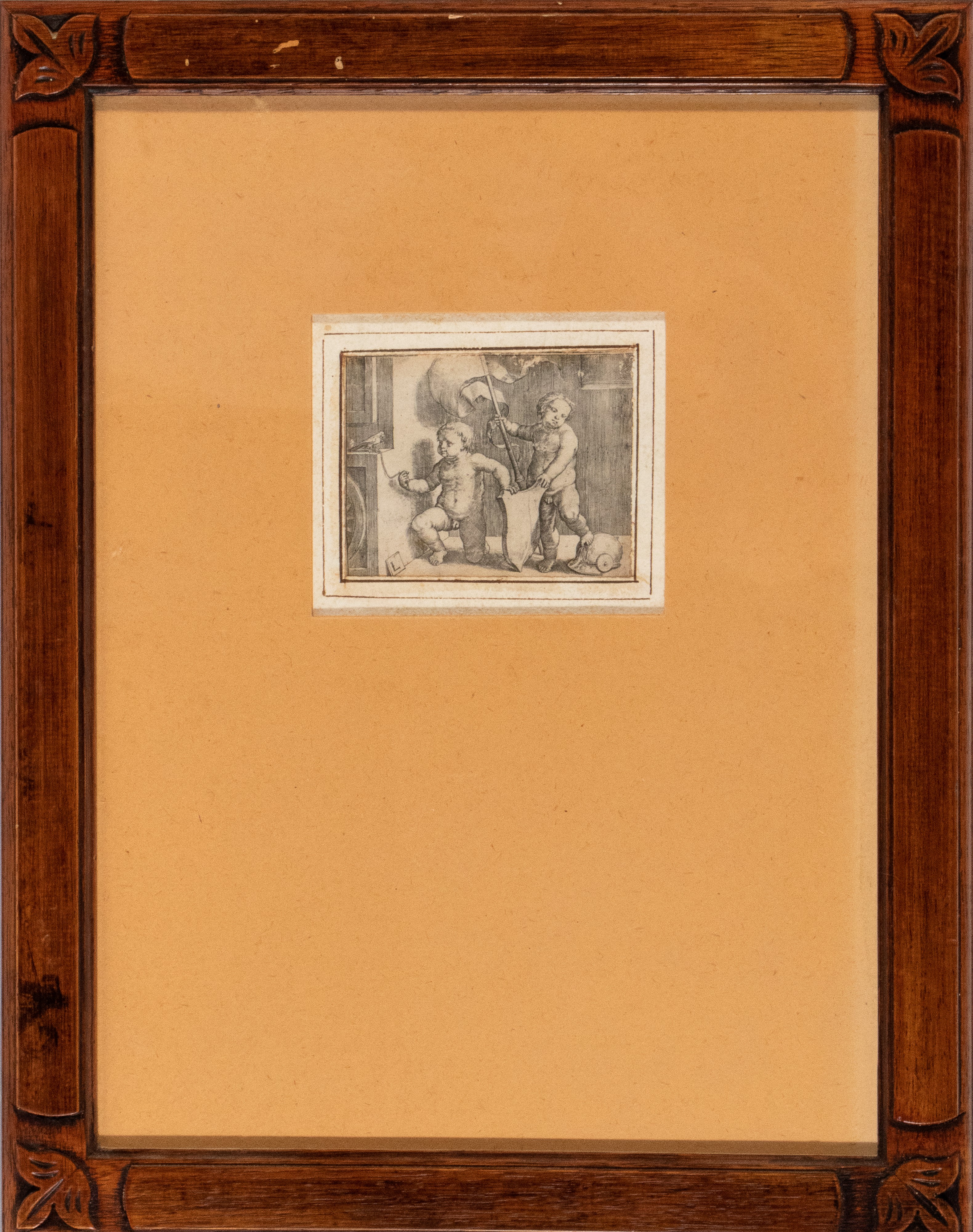 Lucas Van Leyden - Due putti che sorreggono uno scudo, bulino