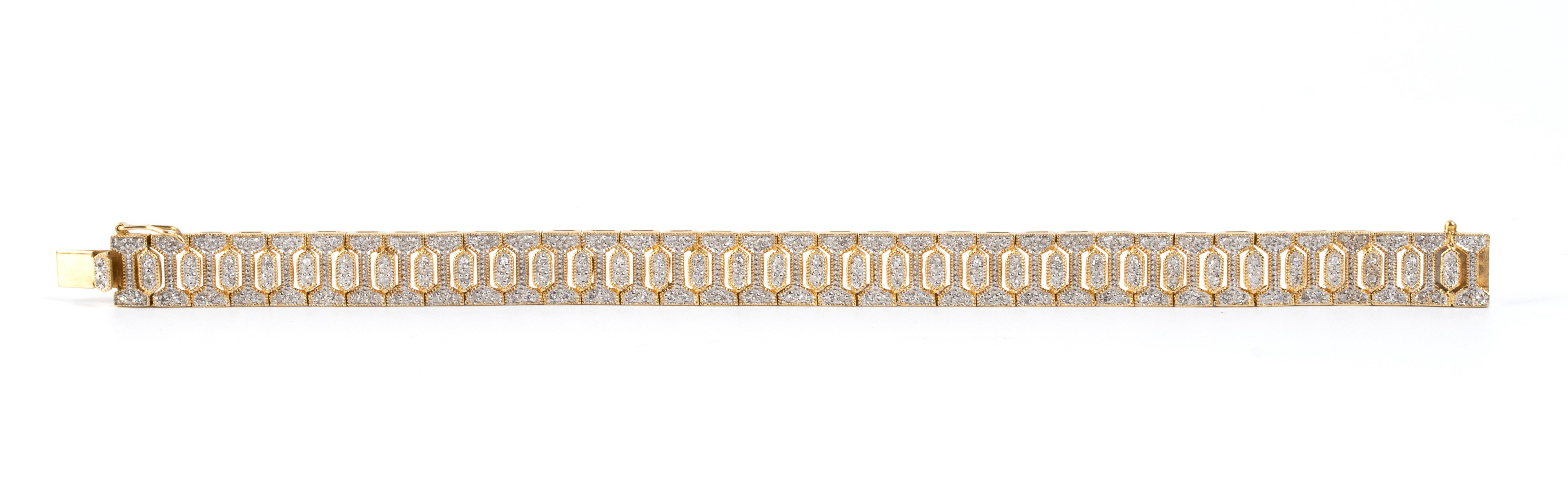 Bracciale in oro 18k con diamanti, motivo a nastro e maglie geometriche snodate