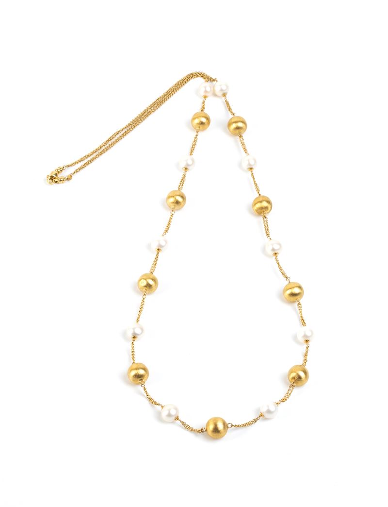 Esse Gioielli - Collana in oro giallo 18k con doppia maglia forzatina e perle di fiume