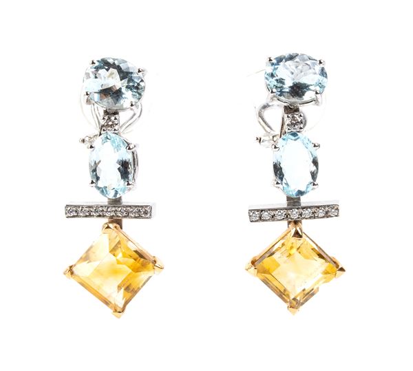 Orecchini pendenti in oro con acquemarine, quarzi citrini e diamanti