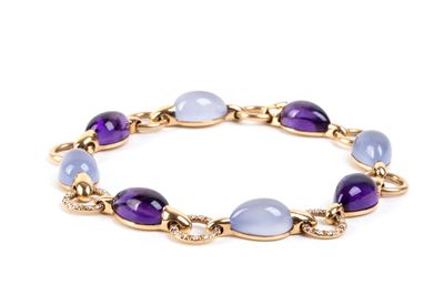 Bracciale in oro giallo 18k con diamanti, ametiste e calcedoni