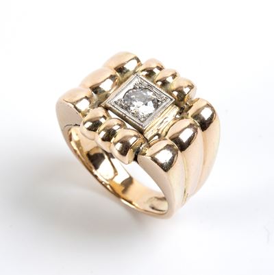 Anello a fascia in oro bianco e oro rosa con diamante taglio vecchio europeo