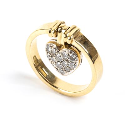Anello in oro bianco e oro giallo 18k con pendente a cuore e diamanti