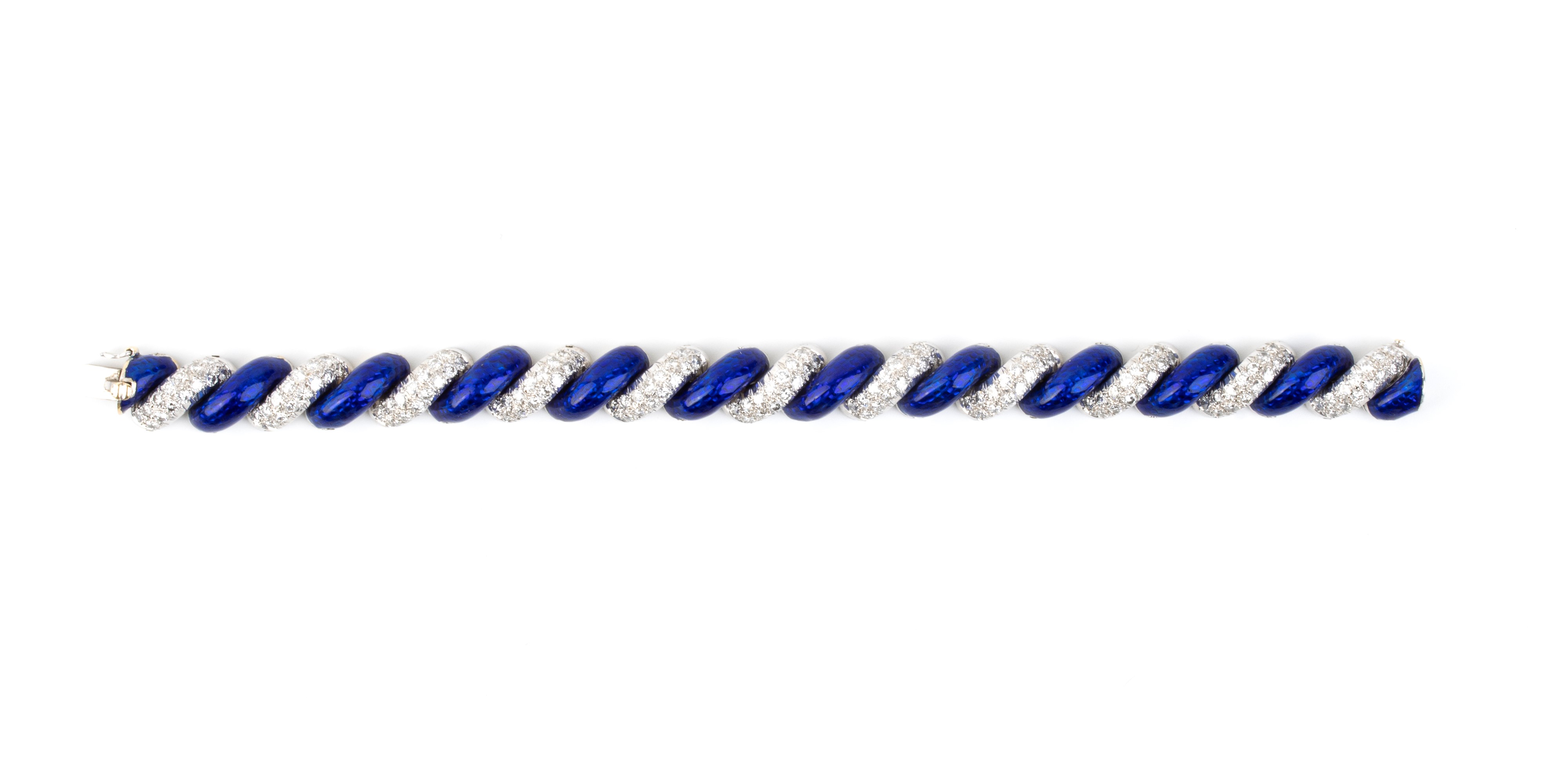 Bracciale e spilla, oro 18k con smalto blu e diamanti