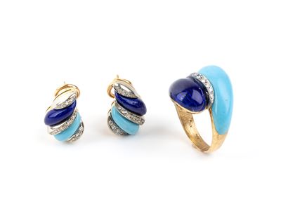 Demi-parure, anello e orecchini in oro 18k con smalto e diamanti