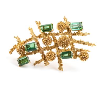 Spilla in oro giallo 18k con tormaline verdi, motivo fantasia