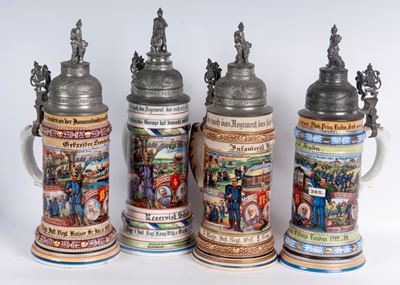 Boccale del riservista, lotto di quattro, ceramica policroma con coperchio in peltro