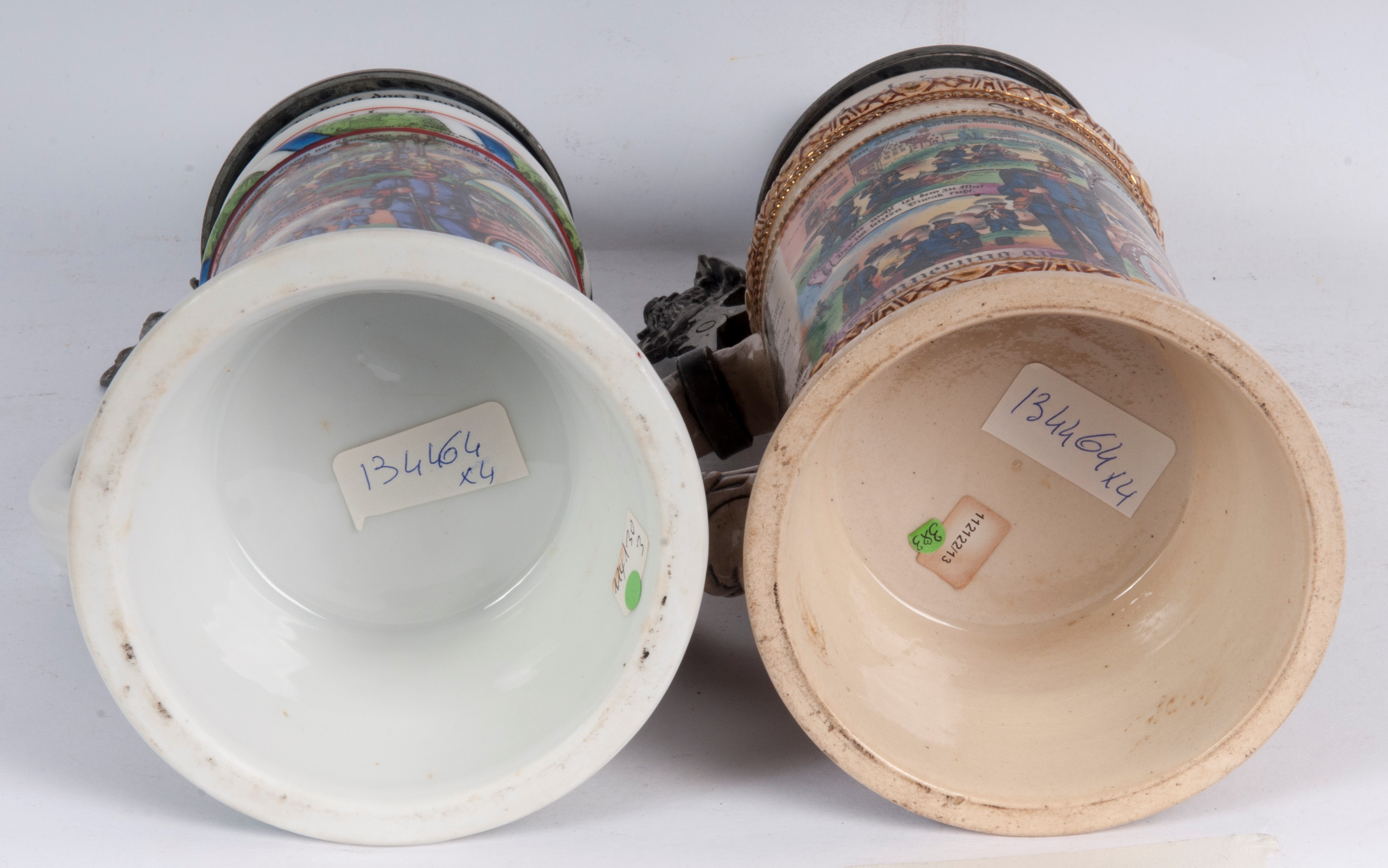 Boccale del riservista, lotto di quattro, ceramica policroma con coperchio in peltro