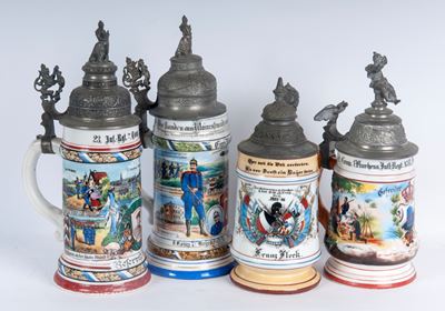 Boccale del riservista, lotto di quattro in ceramica policroma con coperchio in peltro