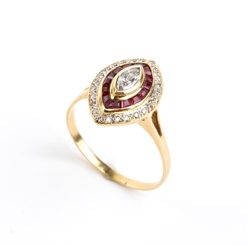 Oro 18k, Anello con diamanti e rubini