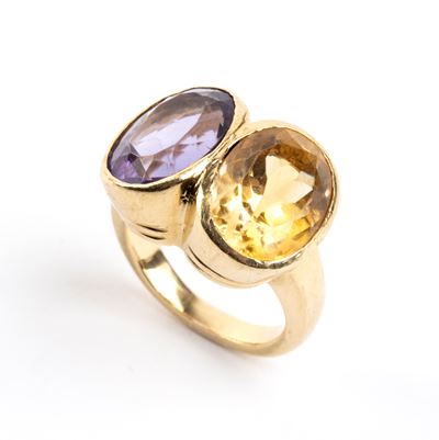 Anello in oro giallo 18k con ametista e quarzo citrino