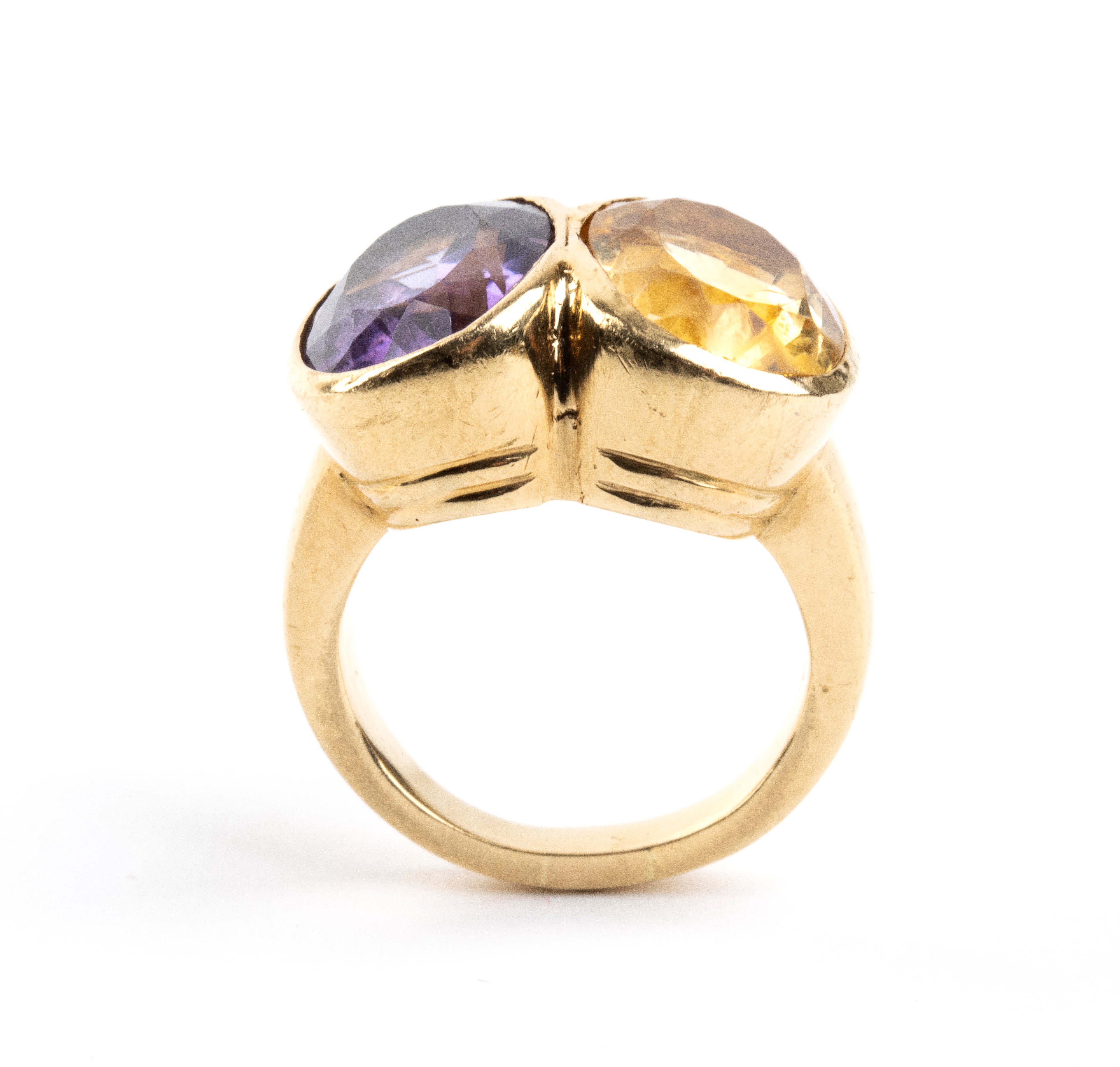 Anello in oro giallo 18k con ametista e quarzo citrino
