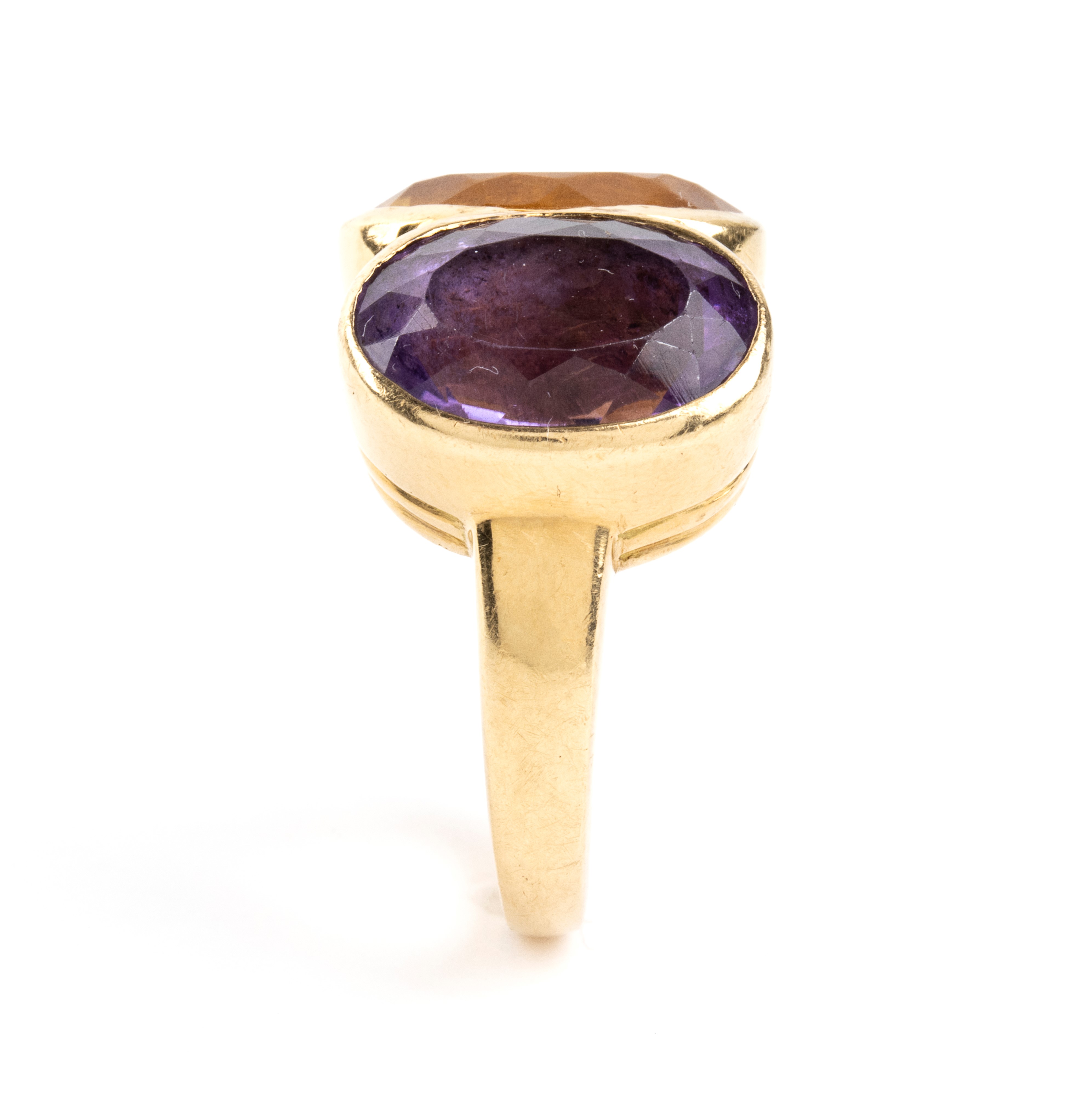 Anello in oro giallo 18k con ametista e quarzo citrino