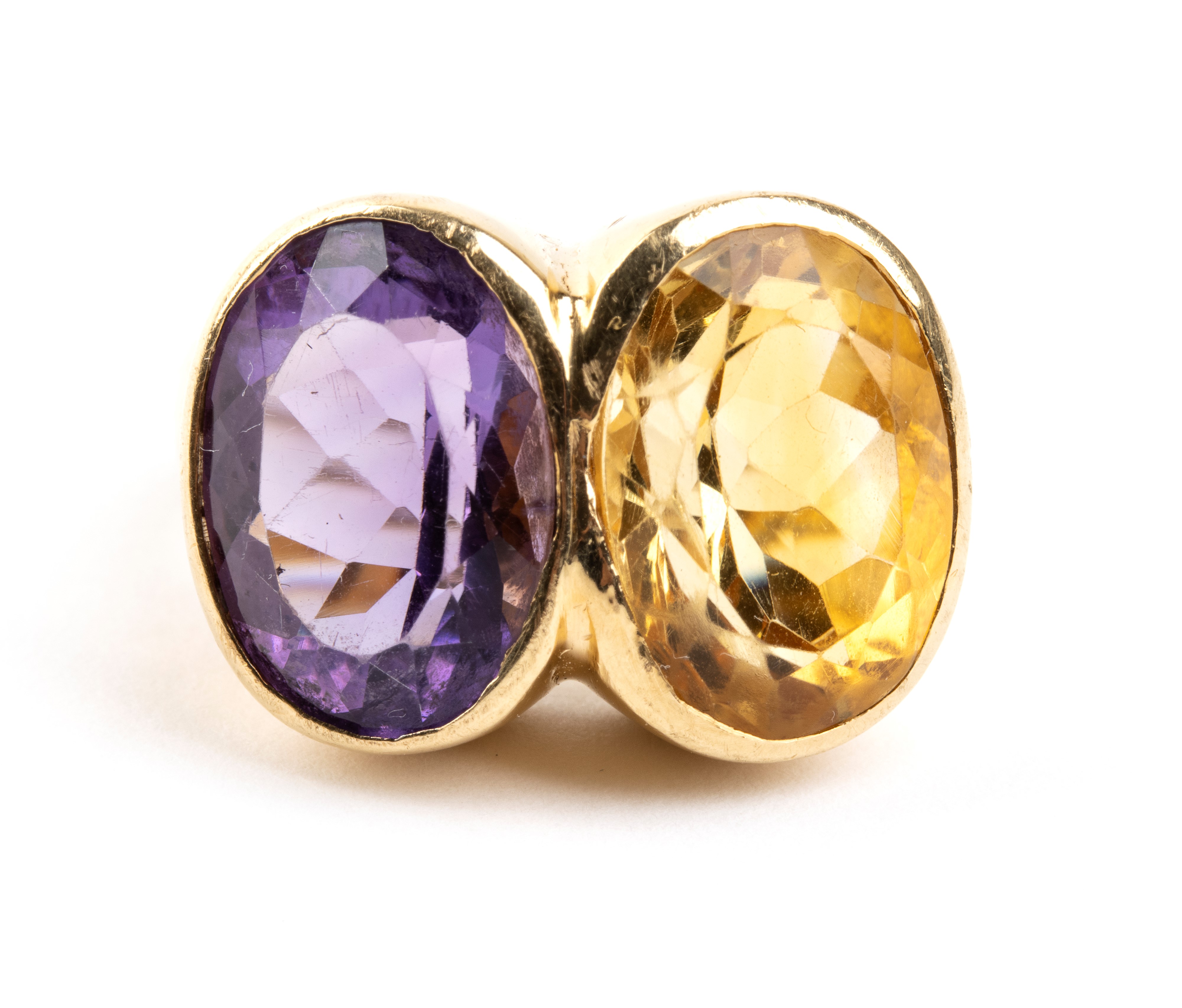 Anello in oro giallo 18k con ametista e quarzo citrino