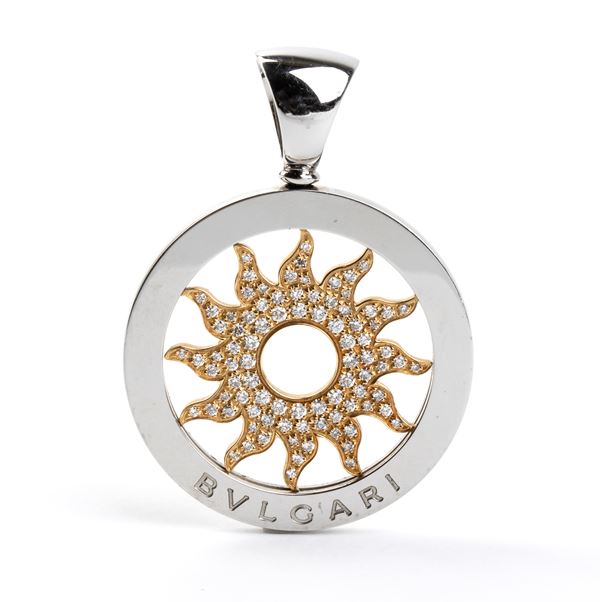 BULGARI - Collezione Tondo: pendente in acciaio ed oro con diamanti    