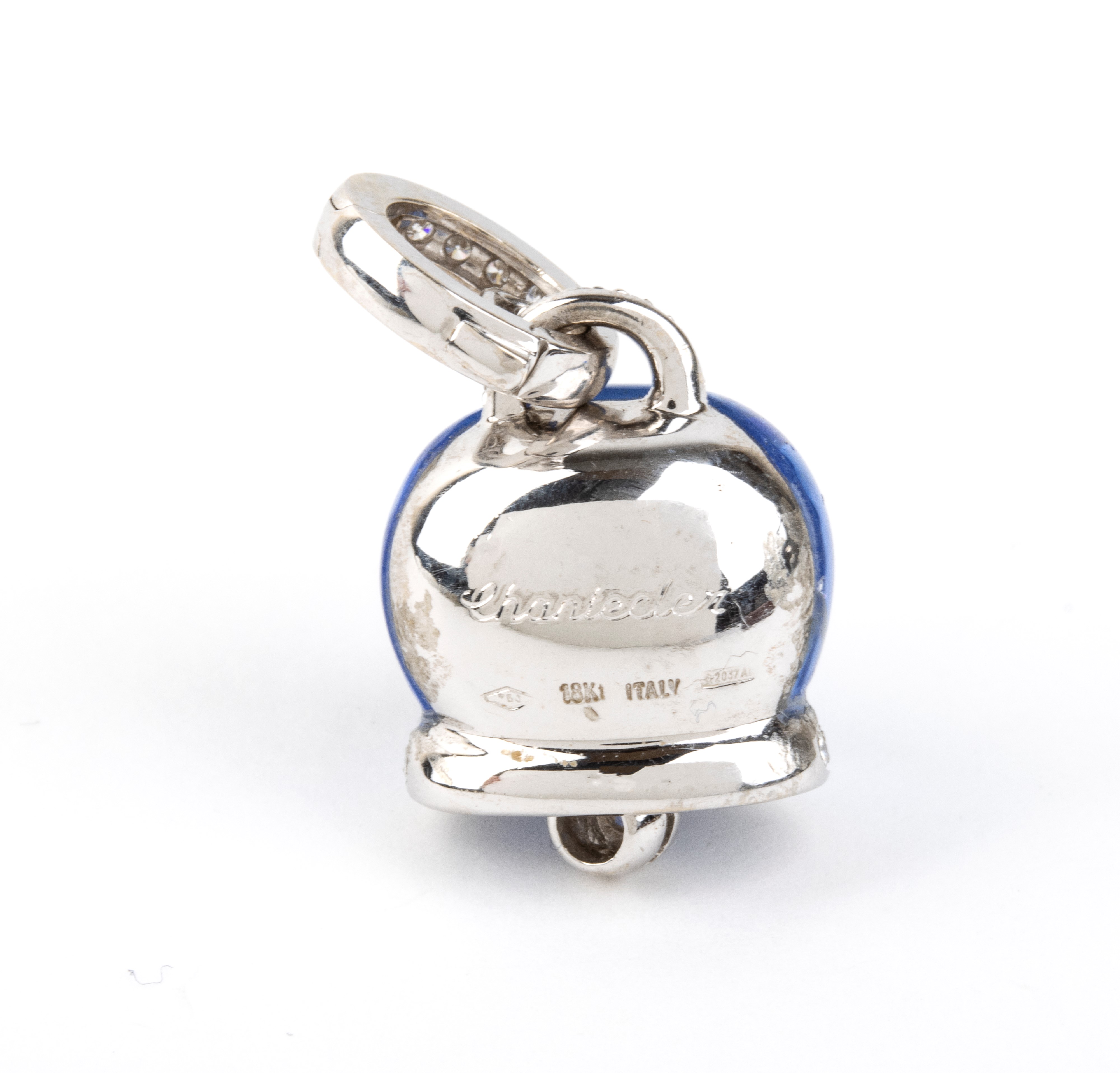 Chantecler - Pendente a campanella in oro bianco 18k con topazio azzurro inciso e diamanti