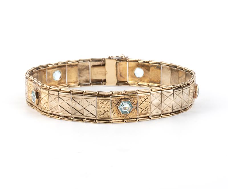 Bracciale, oro giallo 12k e cinque paste vitree, anni ’50