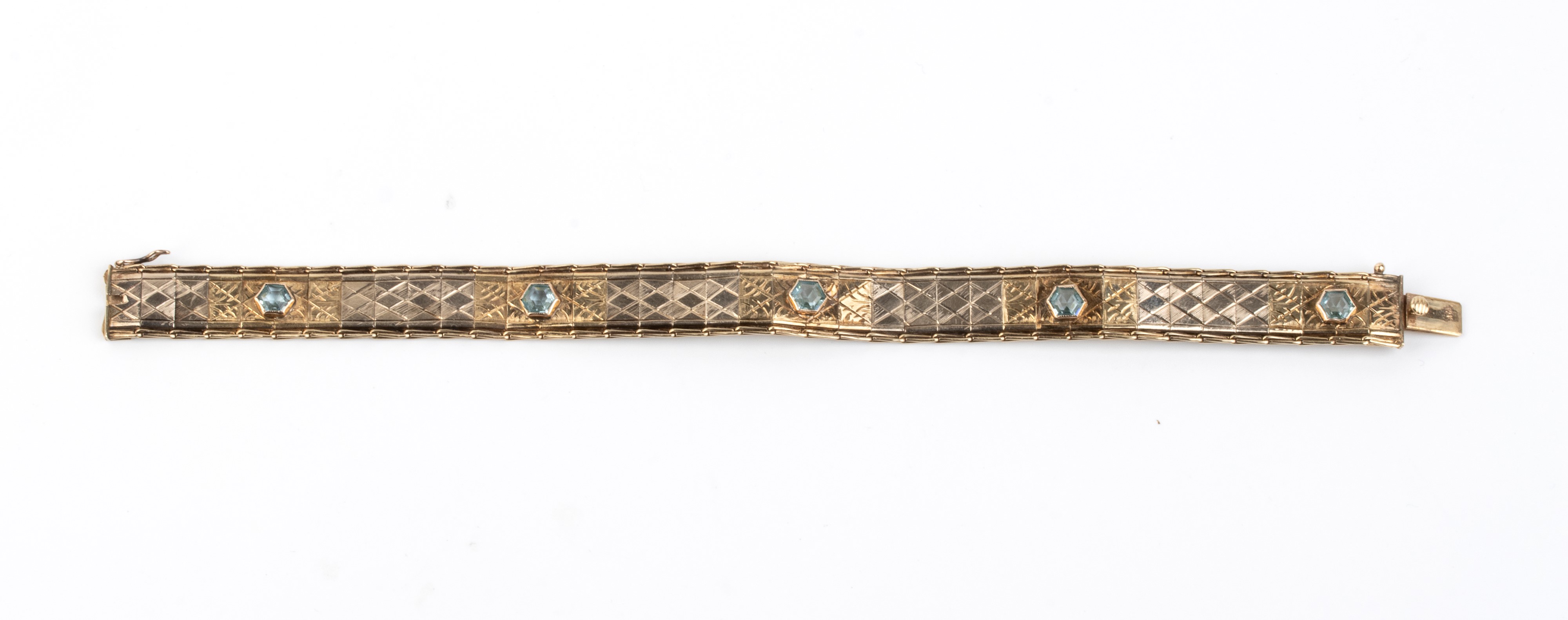 Bracciale, oro giallo 12k e cinque paste vitree, anni ’50