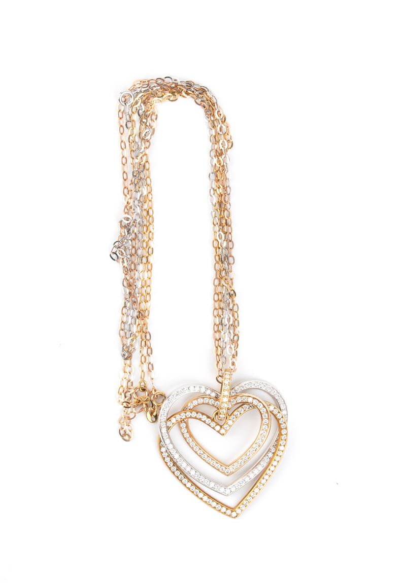 Massoni - Girocollo con pendenti a cuore in oro giallo e oro bianco 18k con diamanti