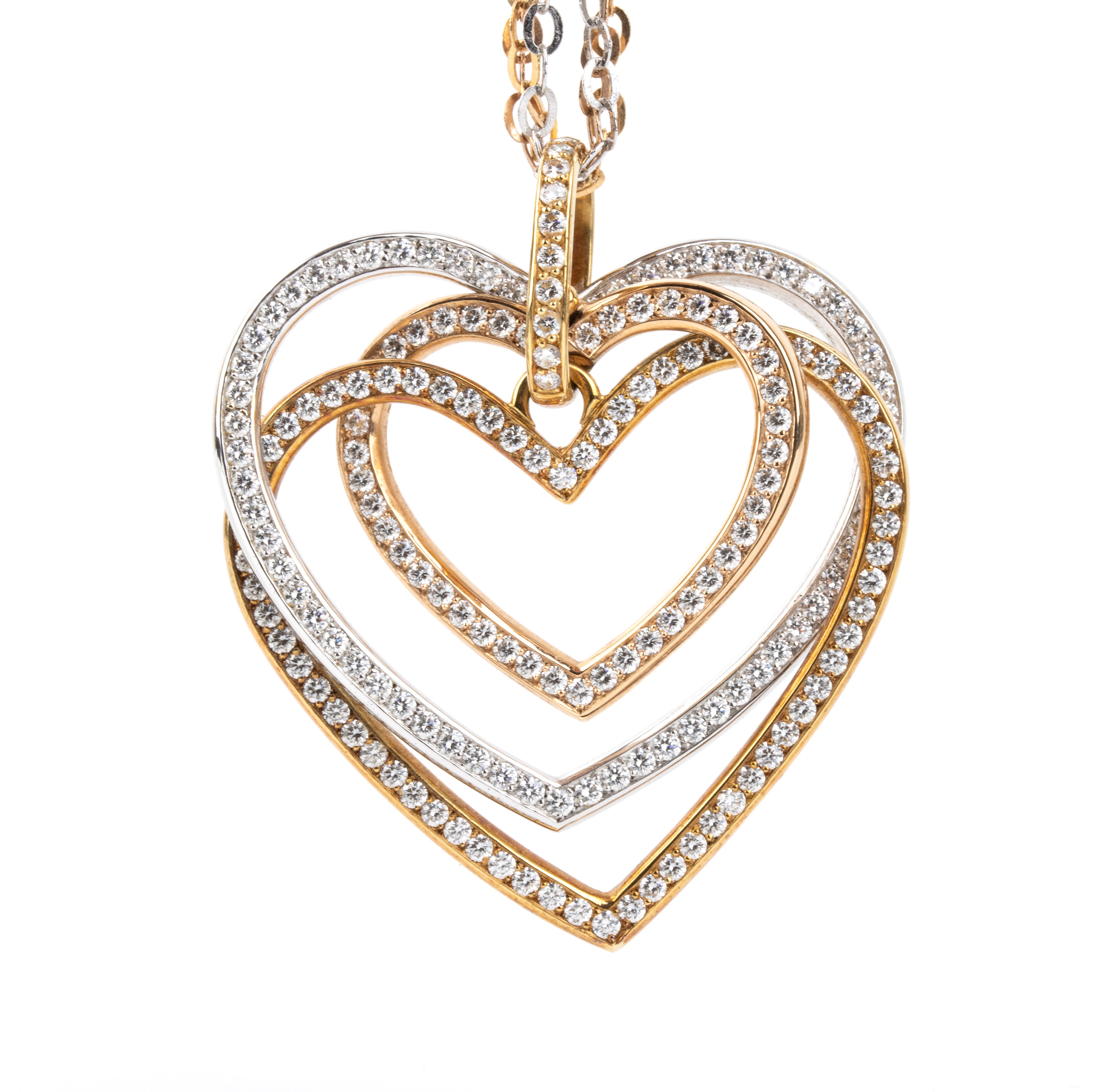 Massoni - Girocollo con pendenti a cuore in oro giallo e oro bianco 18k con diamanti