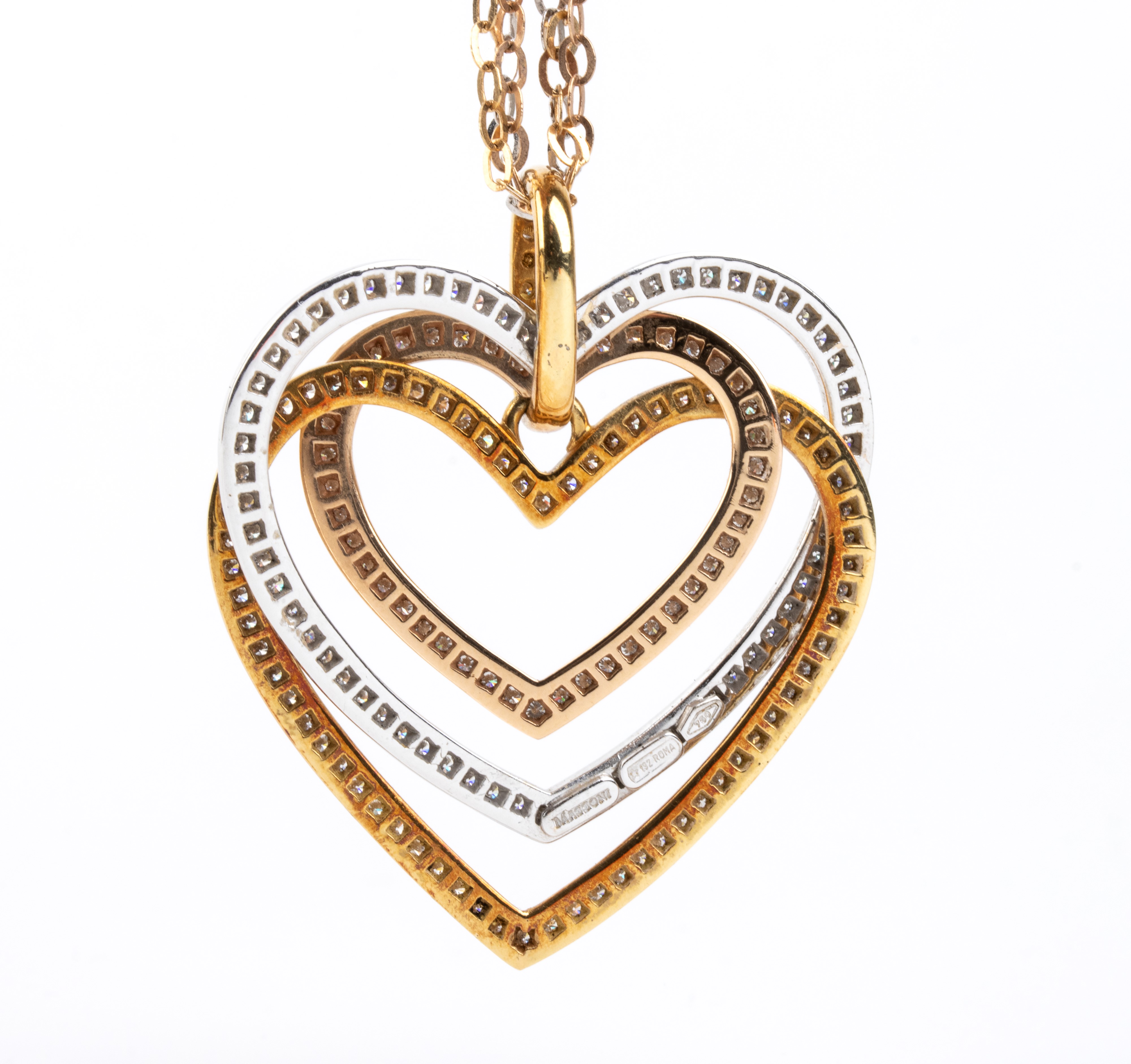 Massoni - Girocollo con pendenti a cuore in oro giallo e oro bianco 18k con diamanti