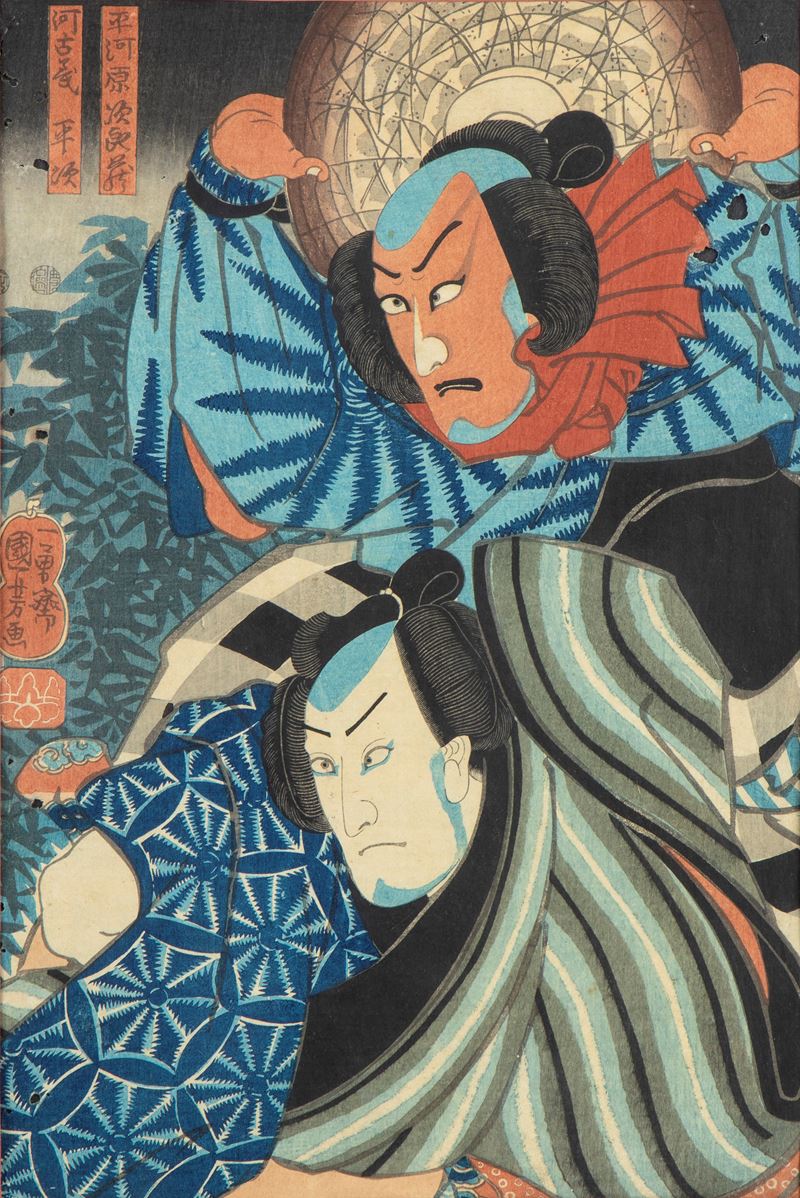 Giappone, Xilografia raffigurante due attori Kabuki
