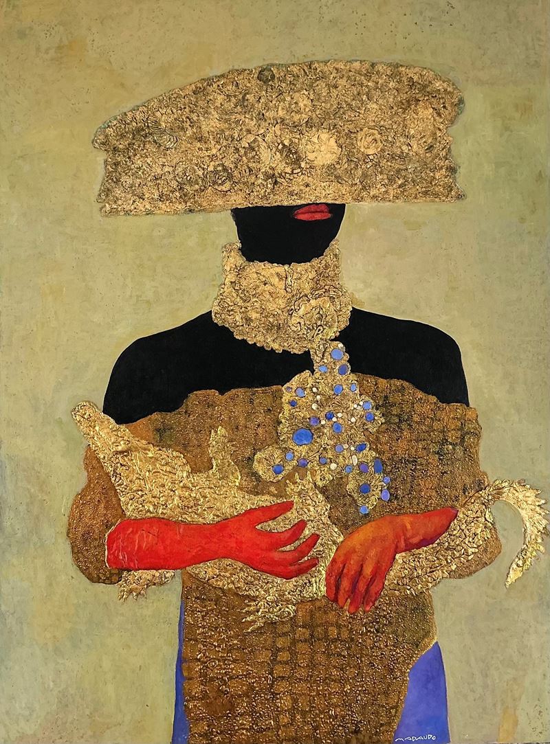 Giuseppe Madaudo - Madre del Nilo, olio e materia acrilica in rilievo con foglia d’oro su tavola
