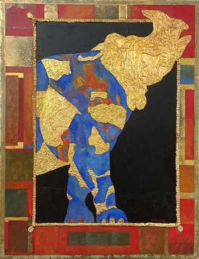 Rinoceronte - Olio e materia acrilica oro in foglia su tavola, 100 x 130 cm