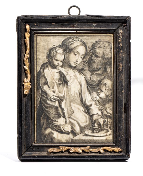 Incisione su avorio con china raffigurante The Holy Family with the Porridge Bowl