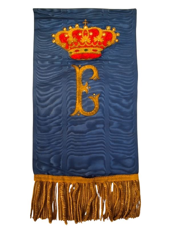 Blue silk sash with Queen Elena monogram