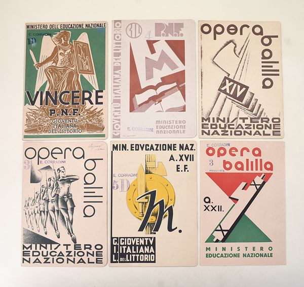 6 pagelle dell'epoca fascista con grafica futurista di propaganda