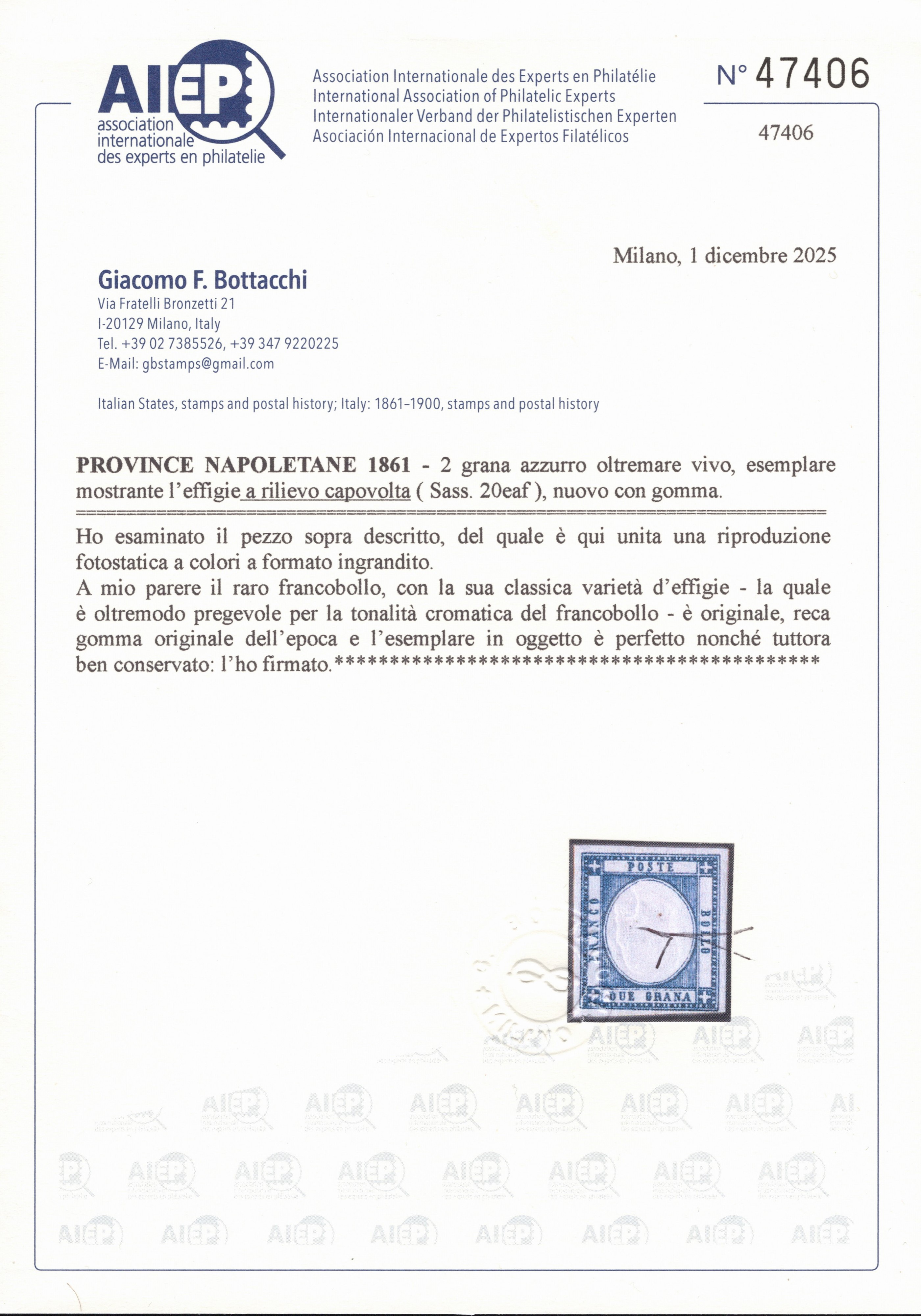 Prov. Napoletane, 1861 - 2gr. Azzurro oltremare vivo con effige capovolta, nuovo con gomma MLH