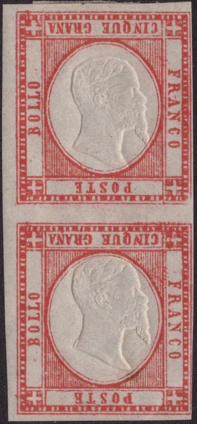 Enzo Diena (Chiavarello), Coppia di francobolli prov. napoletane da 25 gr. rosso carminio con eff...