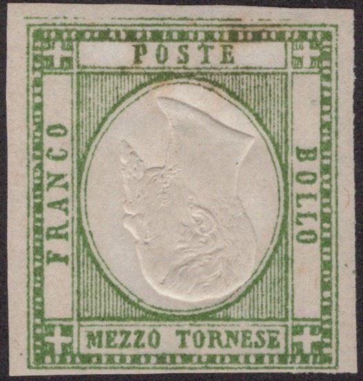 Moneta, 1/2 tornese con effige capovolta e filetto in alto, 1861