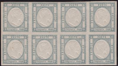 Italia, Province Napoletane, insieme di 50 francobolli da 50 gr. in blocchi (1861)