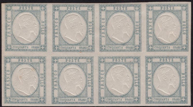 Italia, Province Napoletane, insieme di 50 francobolli da 50 gr. in blocchi (1861)