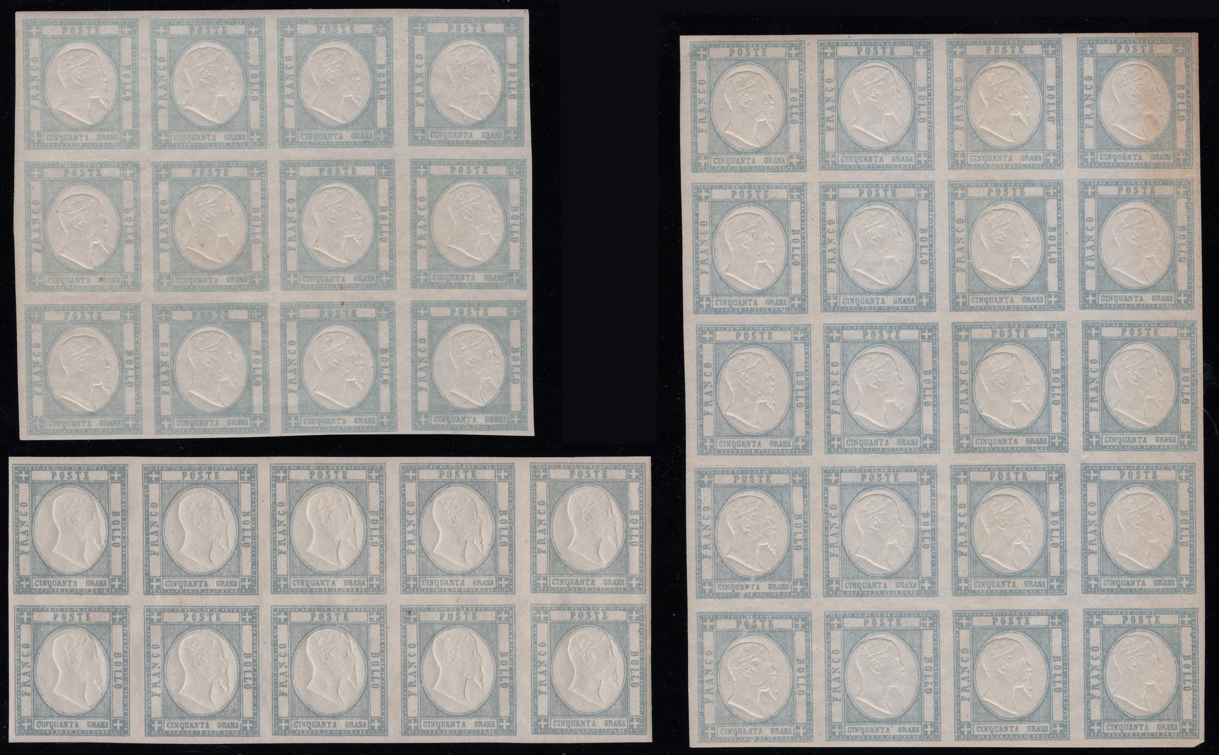 Italia, Province Napoletane, insieme di 50 francobolli da 50 gr. in blocchi (1861)