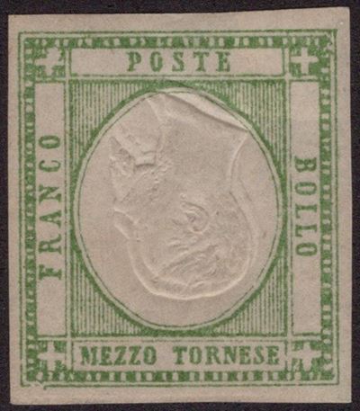 Prov. Napoletane, 1/2 tornese verde con doppia effige capovolta, 1861