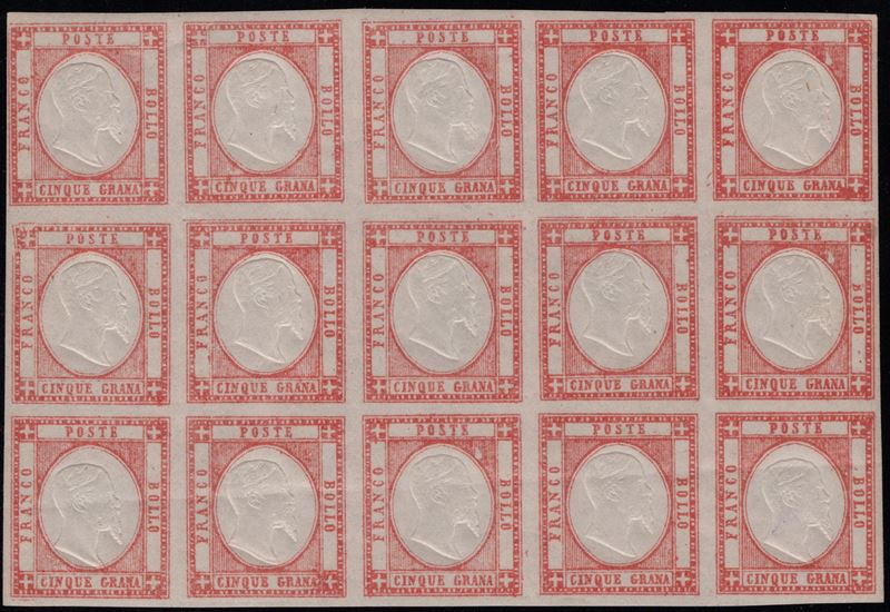 Prov. Napoletane, 5 gr. rosso carminio n.21, blocco di 15 esemplari MNH