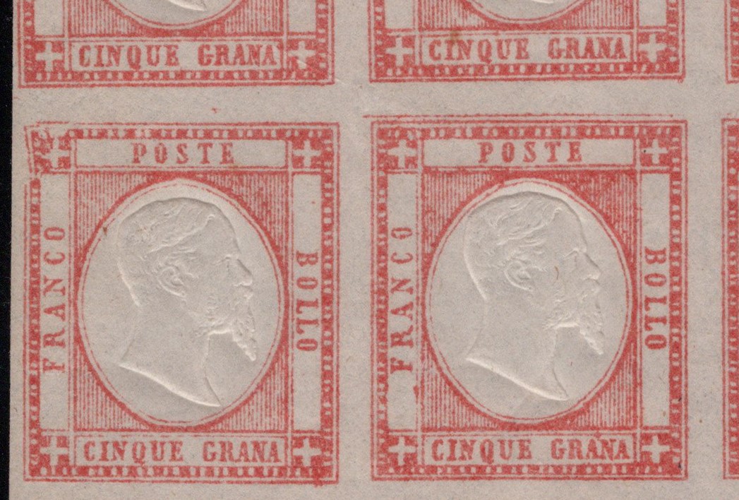 Prov. Napoletane, 5 gr. rosso carminio n.21, blocco di 15 esemplari MNH