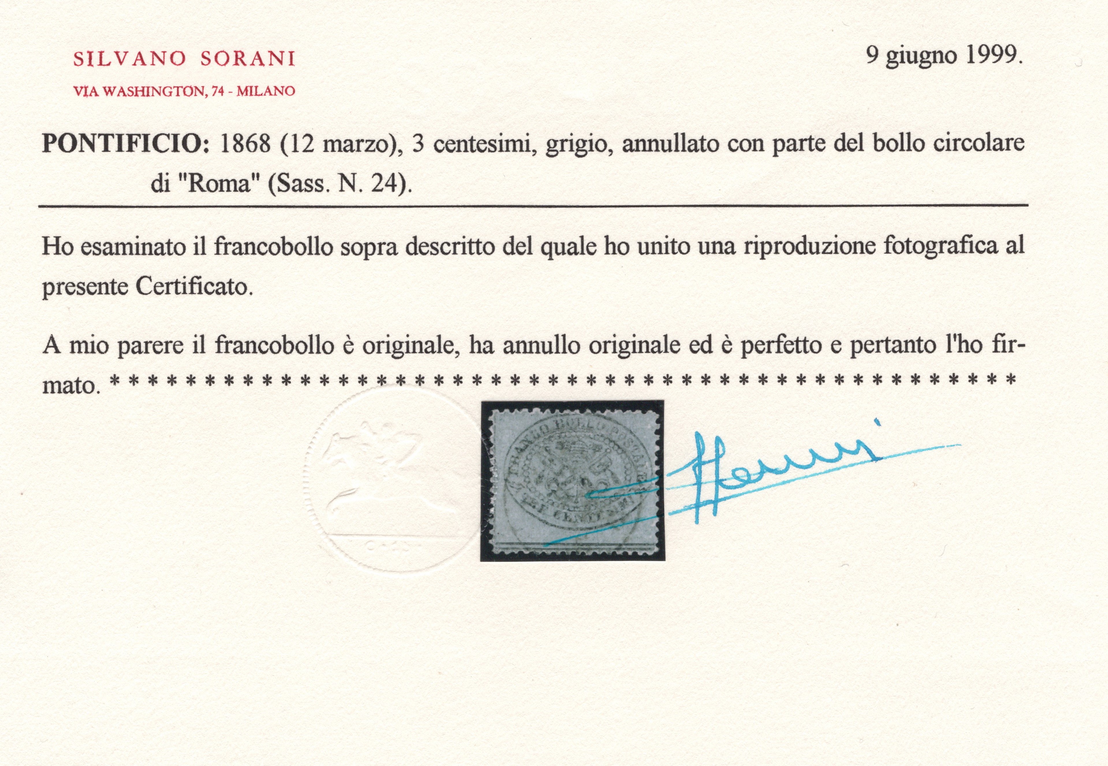 Pontificio, 3 centesimi grigio n.24, usato con annullo a cerchio