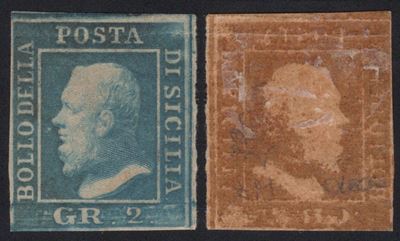 Sicilia, 2 gr. Azzurro chiaro su carta di Napoli con inchiostro oleoso, 1859