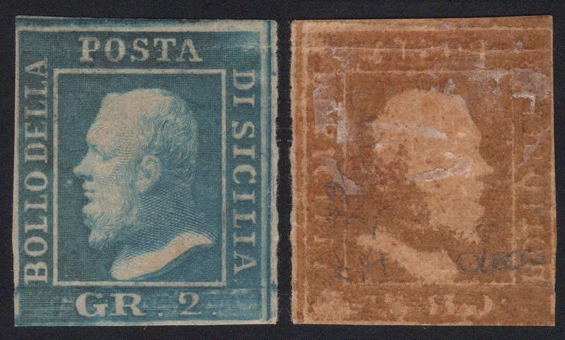Sicilia, 2 gr. Azzurro chiaro su carta di Napoli con inchiostro oleoso, 1859