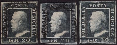 Sicilia, 20 grammi - Varianti in tre tonalità di colore, 1859