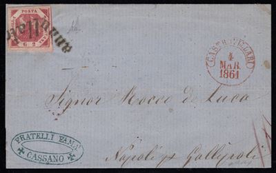 Busta postale da Castrovillari a Gallipoli, affrancata con 2gr. carminio n.7f, con svolazzo tipo ...
